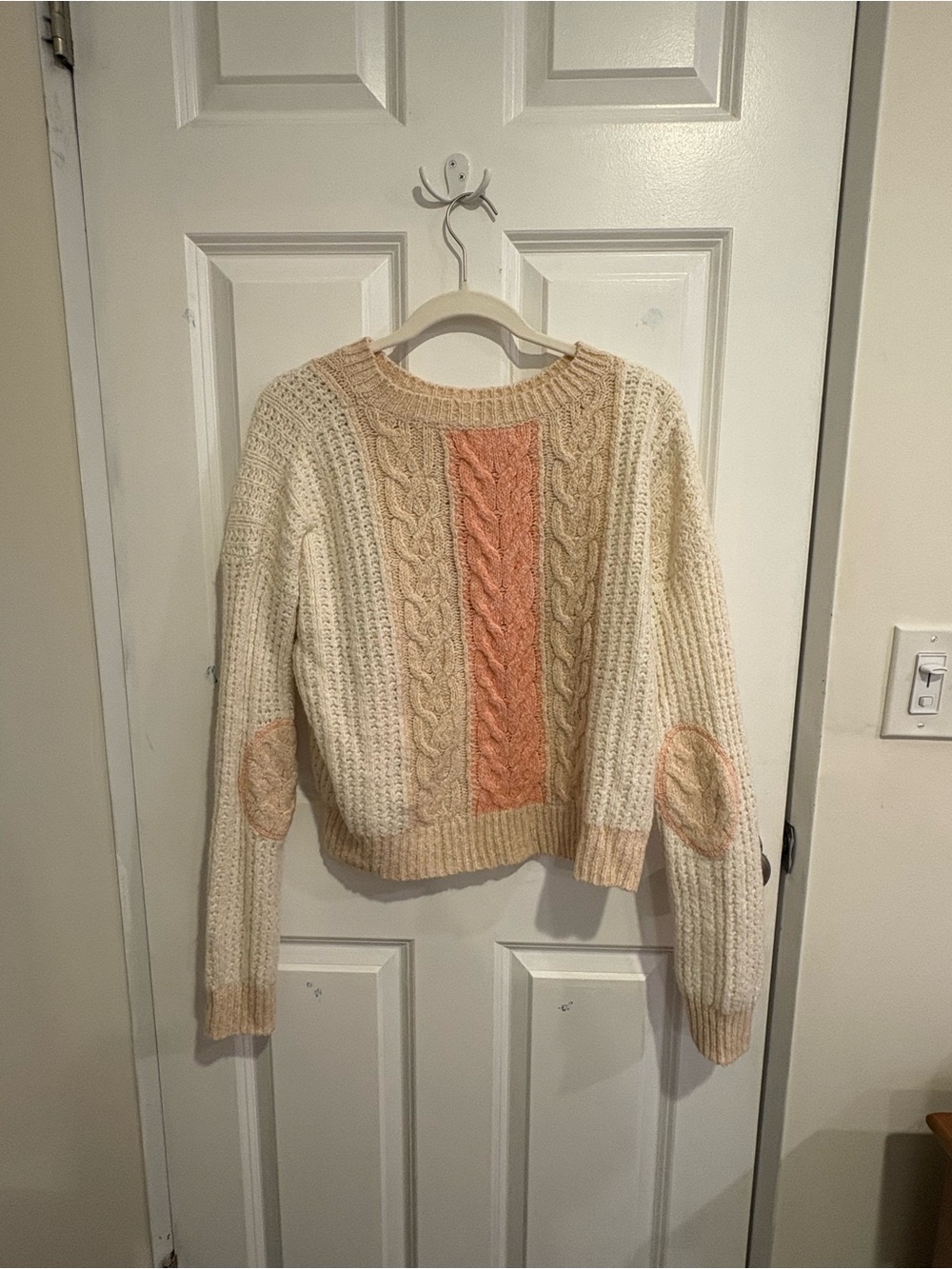 Cream & Peach Cable Knit Crewneck Sweater